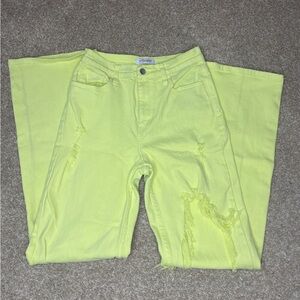 Lime Green Distressed Wide Leg Jeans